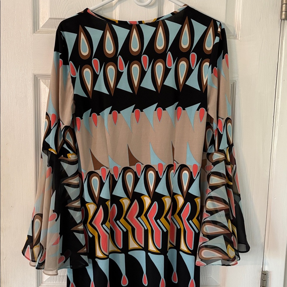 Psychedelic Print Boho Dress Sheer Bell Sleeve Retro Mod Tunic M - Picture 3 of 7